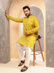 Men's Cotton Blend Sanganeri Printed Yellow Long Kurta