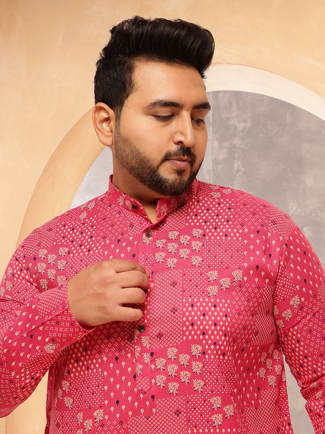 Men's Cotton Blend Sanganeri Printed Pink Long Kurta