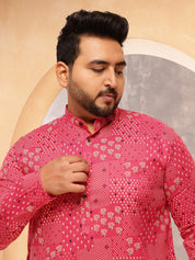 Men's Cotton Blend Sanganeri Printed Pink Long Kurta