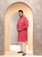 Men's Cotton Blend Sanganeri Printed Pink Long Kurta