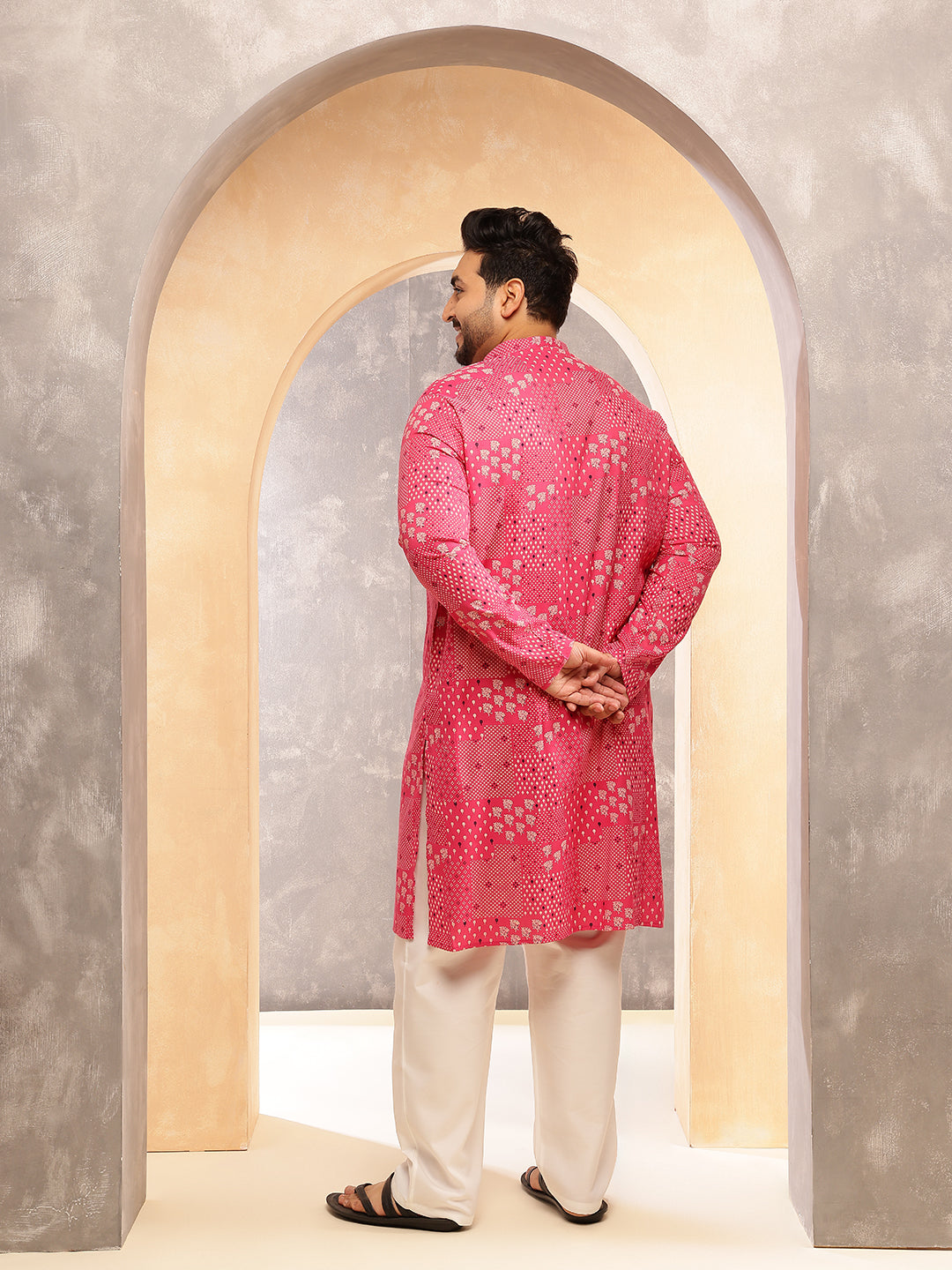 Men's Cotton Blend Sanganeri Printed Pink Long Kurta