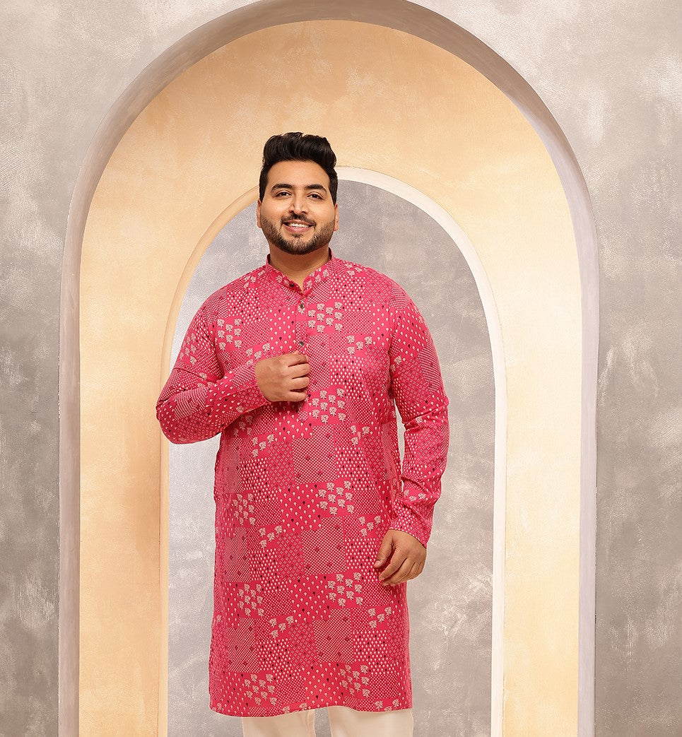 Men's Cotton Blend Sanganeri Printed Pink Long Kurta