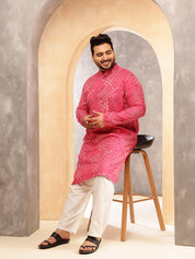 Men's Cotton Blend Sanganeri Printed Pink Long Kurta