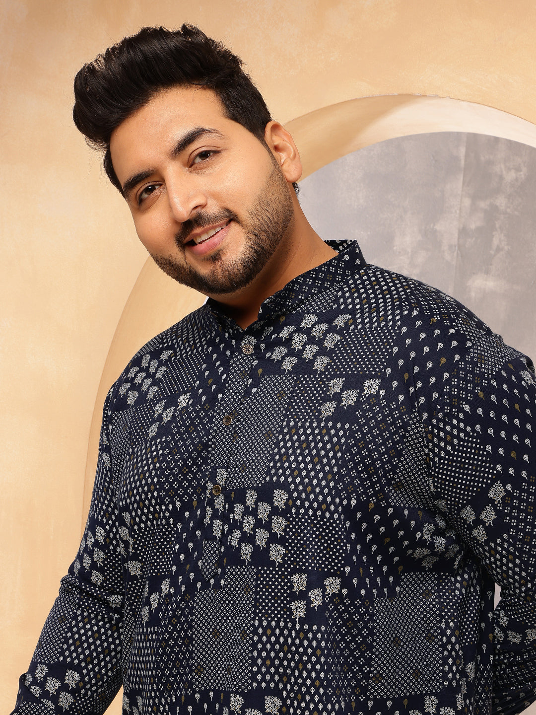 Men's Cotton Blend Sanganeri Printed Navy Blue Long Kurta