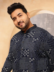 Men's Cotton Blend Sanganeri Printed Navy Blue Long Kurta