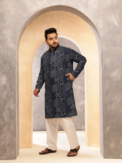 Men's Cotton Blend Sanganeri Printed Navy Blue Long Kurta