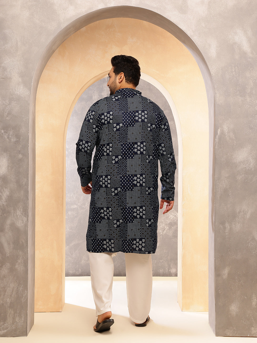 Men's Cotton Blend Sanganeri Printed Navy Blue Long Kurta
