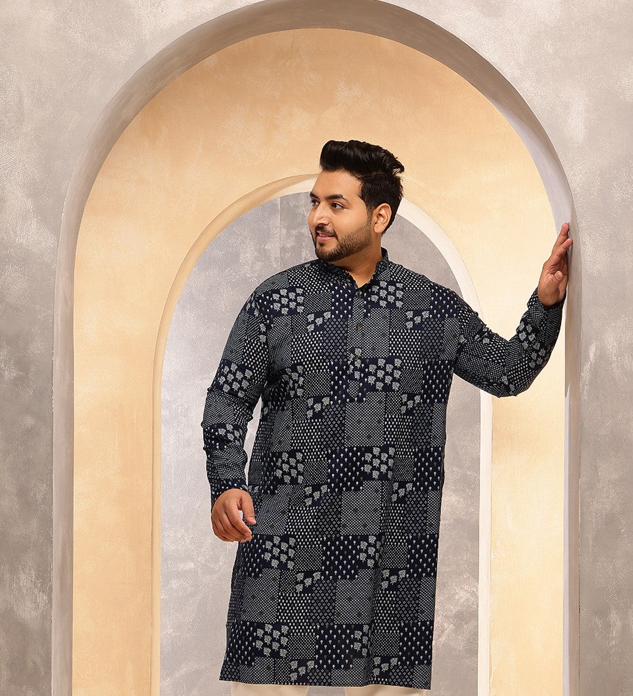 Men's Cotton Blend Sanganeri Printed Navy Blue Long Kurta