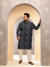 Men's Cotton Blend Sanganeri Printed Navy Kurta With White Pyjama