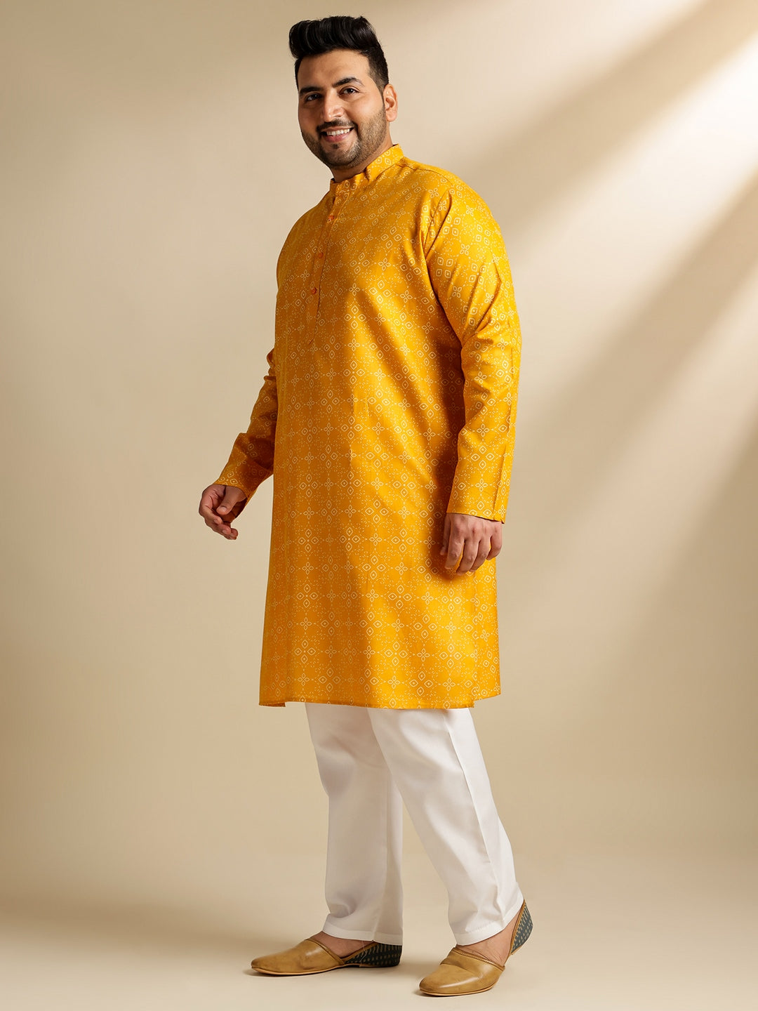 Men's Cotton Linen Ethnic Motifs Printed Mustard Long Kurta