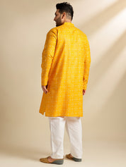 Men's Cotton Linen Ethnic Motifs Printed Mustard Long Kurta