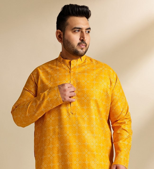 Men's Cotton Linen Ethnic Motifs Printed Mustard Long Kurta
