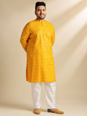 Men's Cotton Linen Ethnic Motifs Printed Mustard Long Kurta