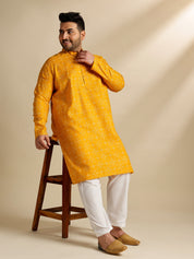 Sojanya Plus (Since 1958) Men's Cotton Linen Ethnic Motifs Printed Mustard Kurta With White Pyjama