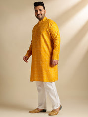Sojanya Plus (Since 1958) Men's Cotton Linen Ethnic Motifs Printed Mustard Kurta With White Pyjama