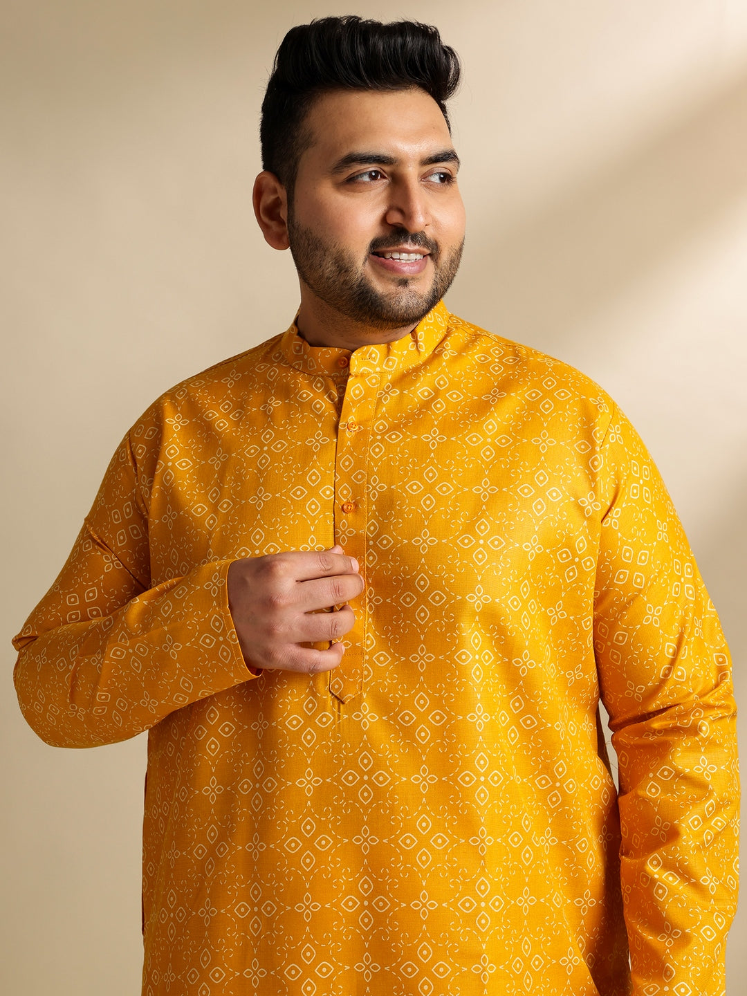 Sojanya Plus (Since 1958) Men's Cotton Linen Ethnic Motifs Printed Mustard Kurta With White Pyjama