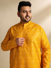 Sojanya Plus (Since 1958) Men's Cotton Linen Ethnic Motifs Printed Mustard Kurta With White Pyjama
