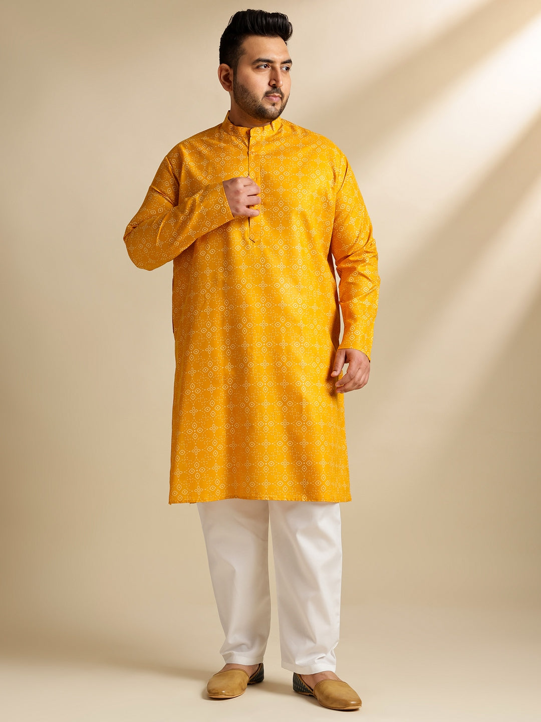 Sojanya Plus (Since 1958) Men's Cotton Linen Ethnic Motifs Printed Mustard Kurta With White Pyjama