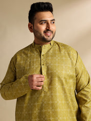 Men's Cotton Linen Ethnic Motifs Printed Olive Long Kurta