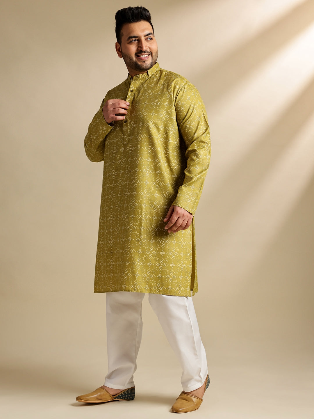 Men's Cotton Linen Ethnic Motifs Printed Olive Long Kurta