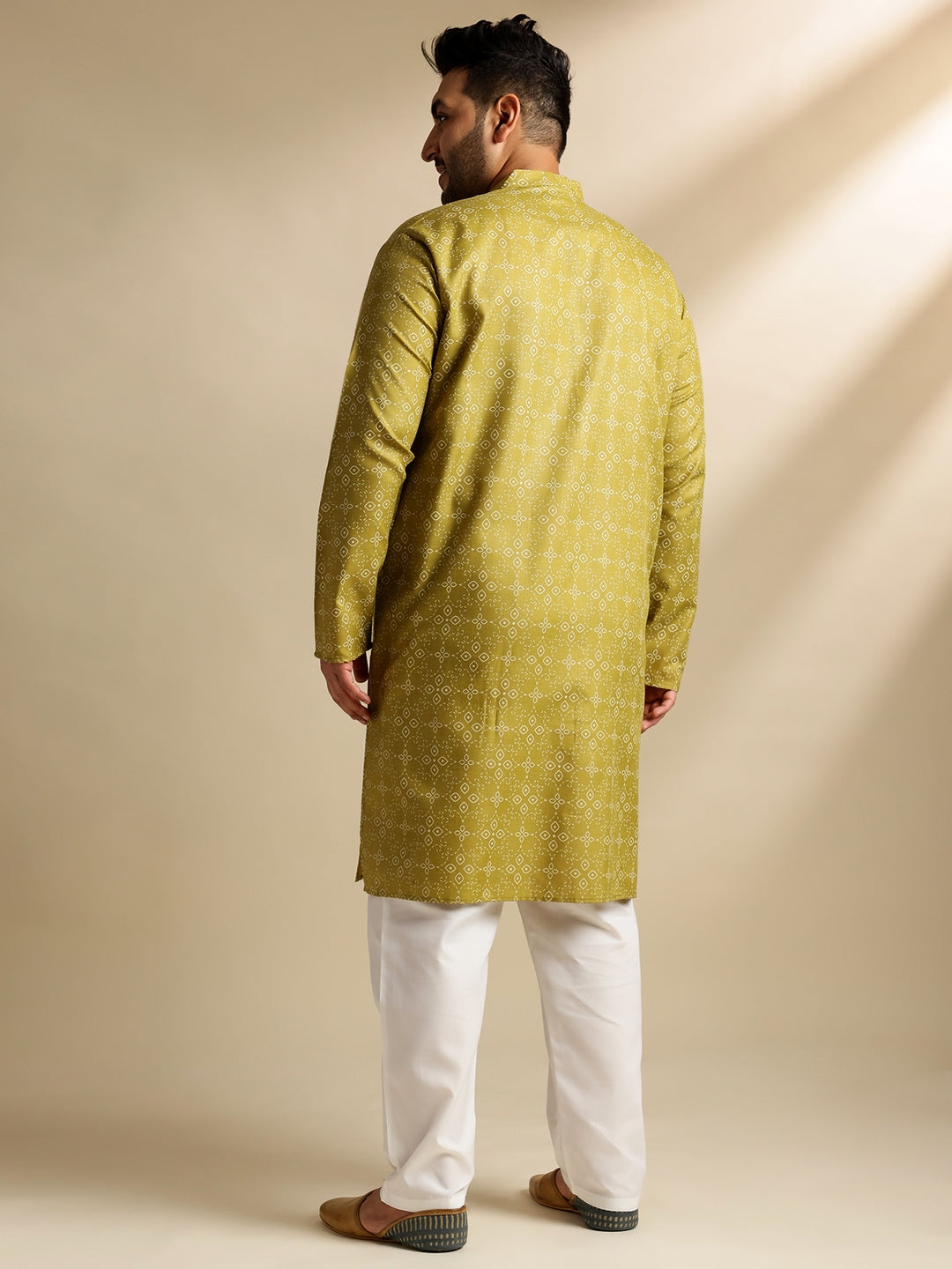 Men's Cotton Linen Ethnic Motifs Printed Olive Long Kurta