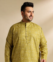 Men's Cotton Linen Ethnic Motifs Printed Olive Long Kurta