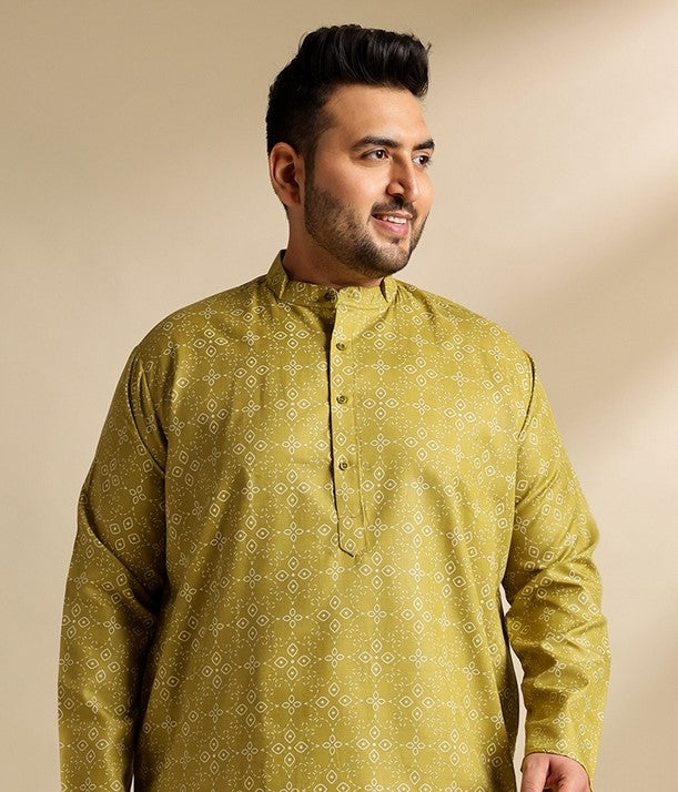 Men's Cotton Linen Ethnic Motifs Printed Olive Long Kurta