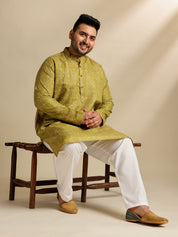 Men's Cotton Linen Ethnic Motifs Printed Olive Long Kurta