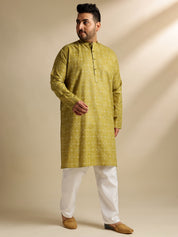 Men's Cotton Linen Ethnic Motifs Printed Olive Long Kurta