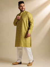 Sojanya Plus (Since 1958) Men's Cotton Linen Ethnic Motifs Printed Olive Kurta With White Pyjama