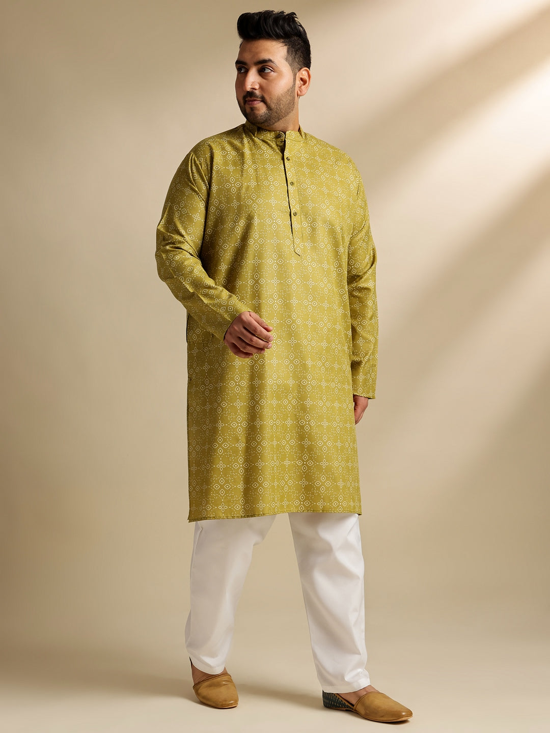 Sojanya Plus (Since 1958) Men's Cotton Linen Ethnic Motifs Printed Olive Kurta With White Pyjama