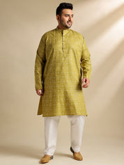 Sojanya Plus (Since 1958) Men's Cotton Linen Ethnic Motifs Printed Olive Kurta With White Pyjama