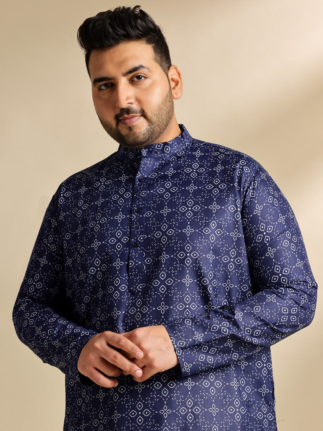 Men's Cotton Linen Ethnic Motifs Printed Navy Blue Long Kurta