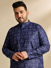 Men's Cotton Linen Ethnic Motifs Printed Navy Blue Long Kurta