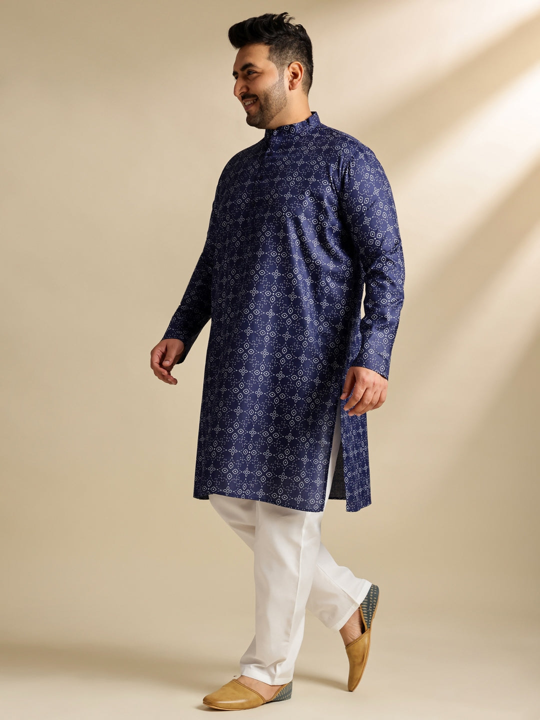 Men's Cotton Linen Ethnic Motifs Printed Navy Blue Long Kurta