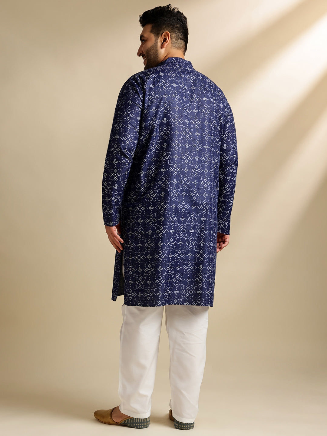 Men's Cotton Linen Ethnic Motifs Printed Navy Blue Long Kurta