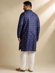 Men's Cotton Linen Ethnic Motifs Printed Navy Blue Long Kurta