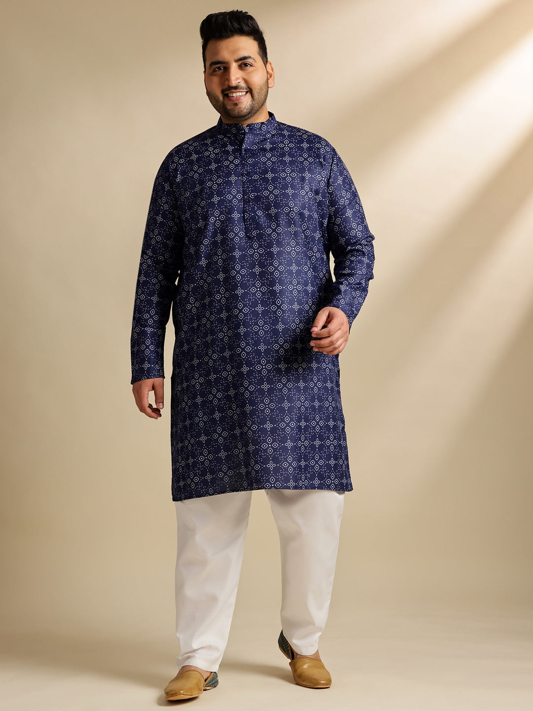 Men's Cotton Linen Ethnic Motifs Printed Navy Blue Long Kurta