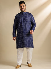 Men's Cotton Linen Ethnic Motifs Printed Navy Blue Long Kurta