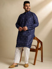 Men's Cotton Linen Ethnic Motifs Printed Navy Blue Long Kurta