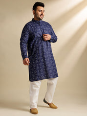 Men's Cotton Linen Ethnic Motifs Printed Navy Blue Long Kurta