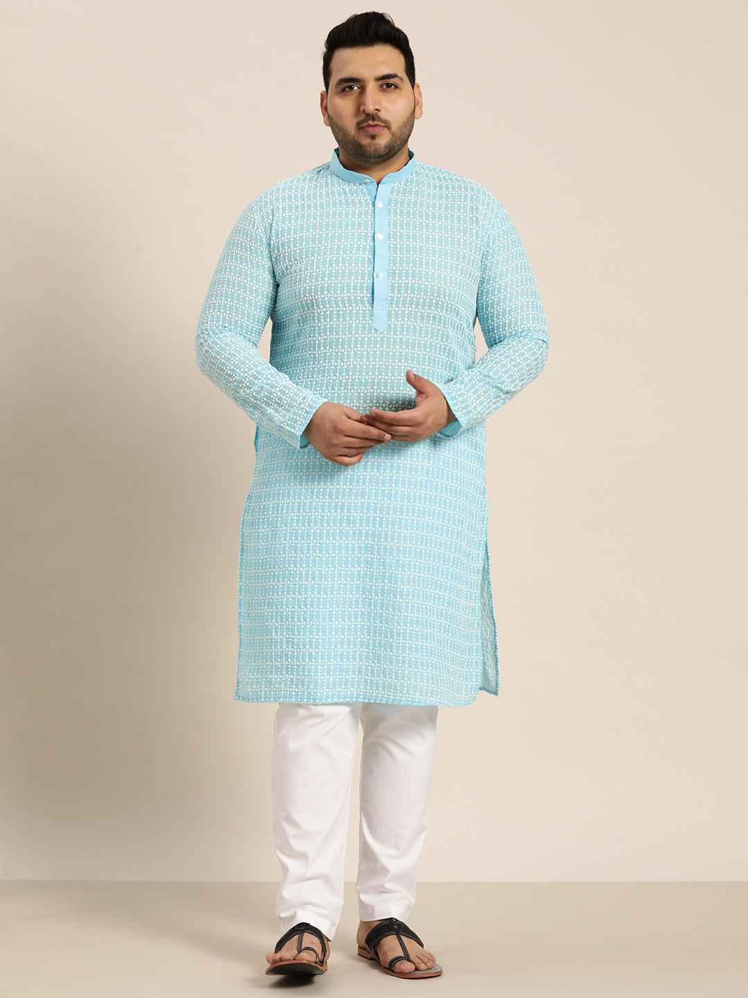 Men's Pure Cotton Blue Kurta with White Embroidery and White Pyjama