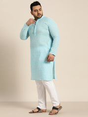 Men's Pure Cotton Blue Kurta with White Embroidery and White Pyjama