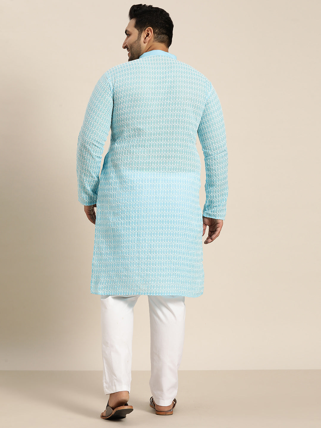 Men's Pure Cotton Blue Kurta with White Embroidery and White Pyjama