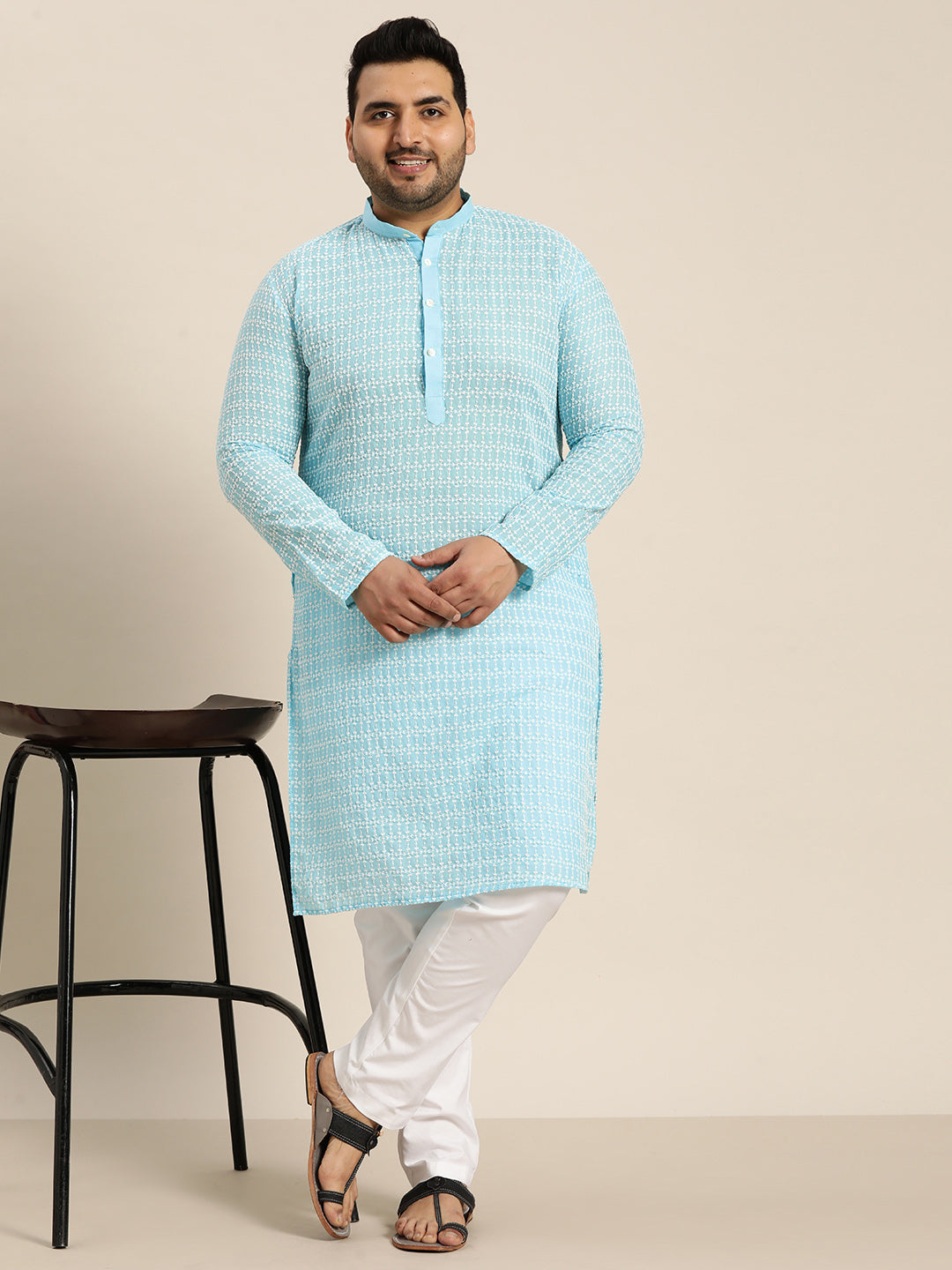 Men's Pure Cotton Blue Kurta with White Embroidery and White Pyjama