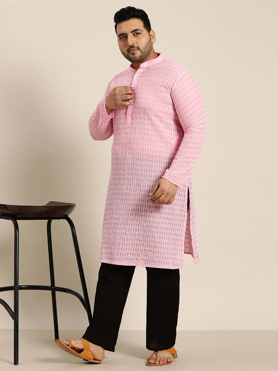 Men's Pure Cotton Pink Kurta with White Embroidery and White Pyjama