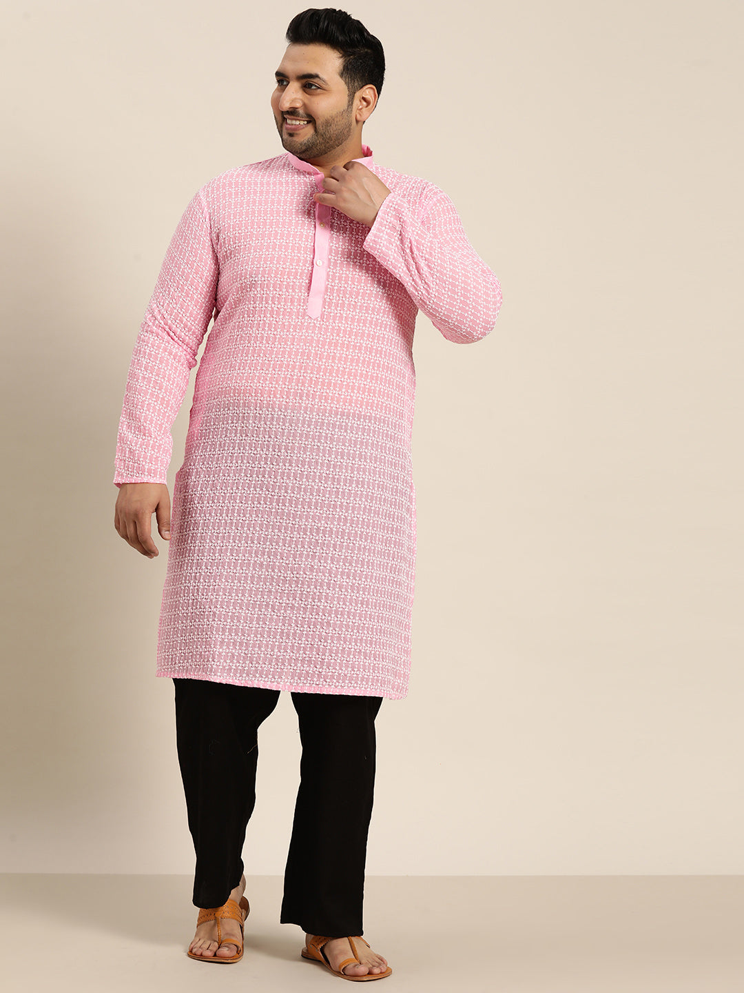 Men's Pure Cotton Pink Kurta with White Embroidery and White Pyjama