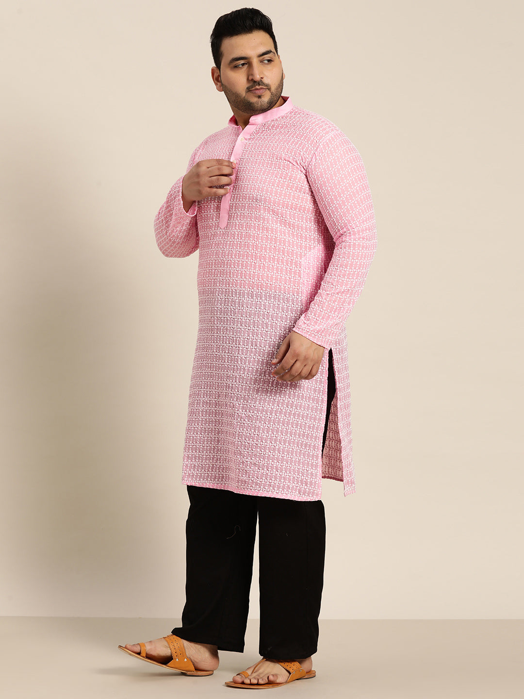 Men's Pure Cotton Pink Kurta with White Embroidery and White Pyjama