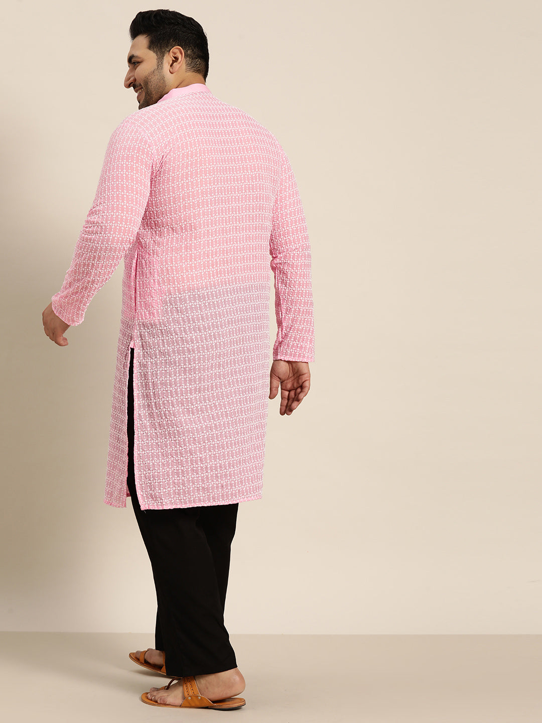 Men's Pure Cotton Pink Kurta with White Embroidery and White Pyjama