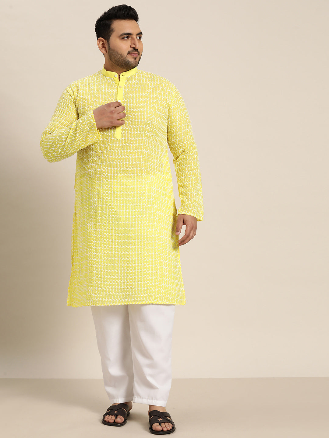 Men's Pure Cotton Yellow Kurta with White Embroidery and White Pyjama